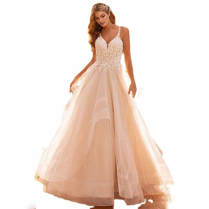 A-Line/Princess V-neck Applique Sleeveless Tulle Sweep/Brush Train Wedding Dresses