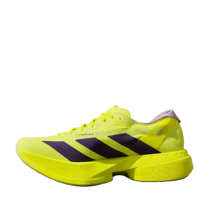 adidas Women's Adios Pro 4 Running Shoes in Solar Yellow/Aurora Plum/Powder Plum, side view