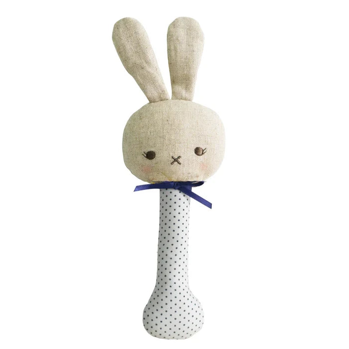 Alimrose Linen Bunny Stick Rattle — Navy Spot