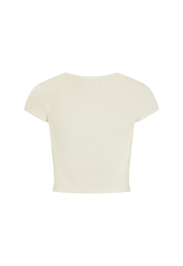 Back view flat lay of white cotton rib crop tee with scoop neckline and cap sleeves on white background