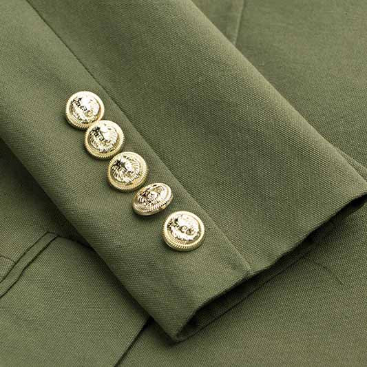 Double Breasted Army Green Blazer With Gold Buttons Slim Fit Belt Jacket