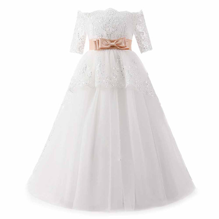 Elegant Flower Girl Lace Beading First Communion Dress 2-12 Years Old