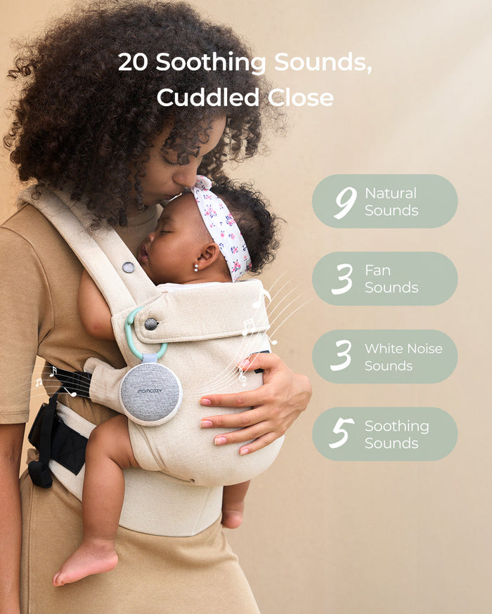 Momcozy portable sound machine soothing baby with 20 sounds, including natural, fan, white noise, and soothing sounds.