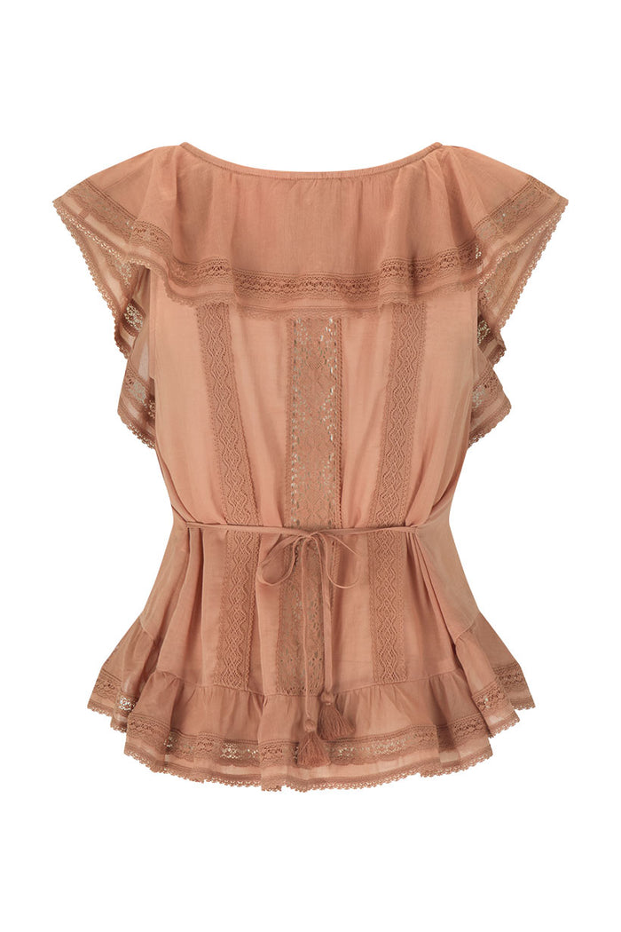 Rose blouse flat lay back view showing back waist tie, lace panel inserts, tassel ties and lace-trim frill hem