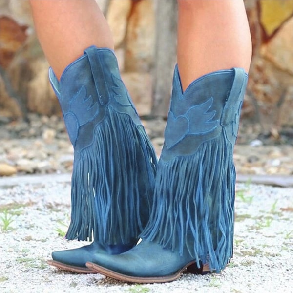Blue fringe cowboy boots for women with intricate designs and playful fringe detailing