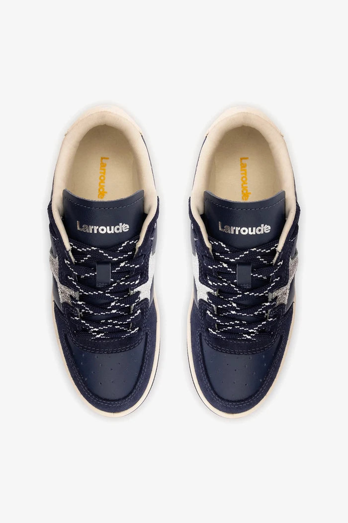 George Sneaker In Navy Suede and Silver Sparkle Leather Sneaker Larroudé