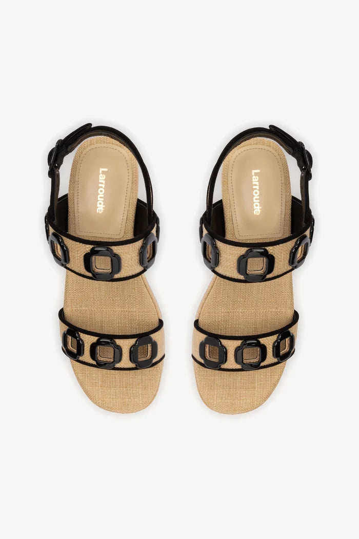 Milan Flatform In Beige Raffia and Black Trimming Sandal Larroudé