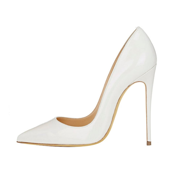 Elegant white pointed toe prom shoes with a sleek stiletto heel for formal occasions