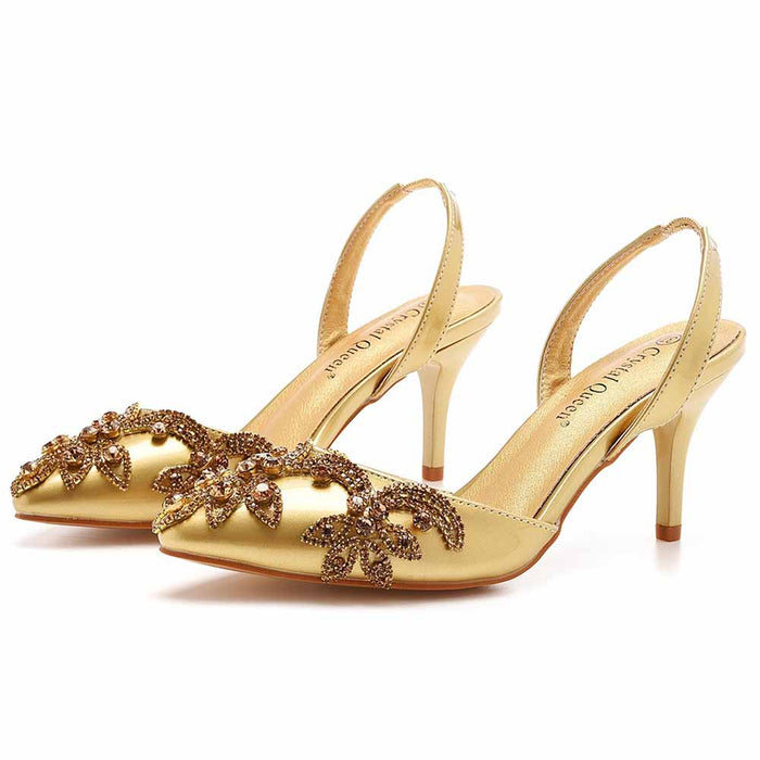 Pointed Toe Rhinestone Stiletto Pumps Middle Heel Bridal Wedding Shoes