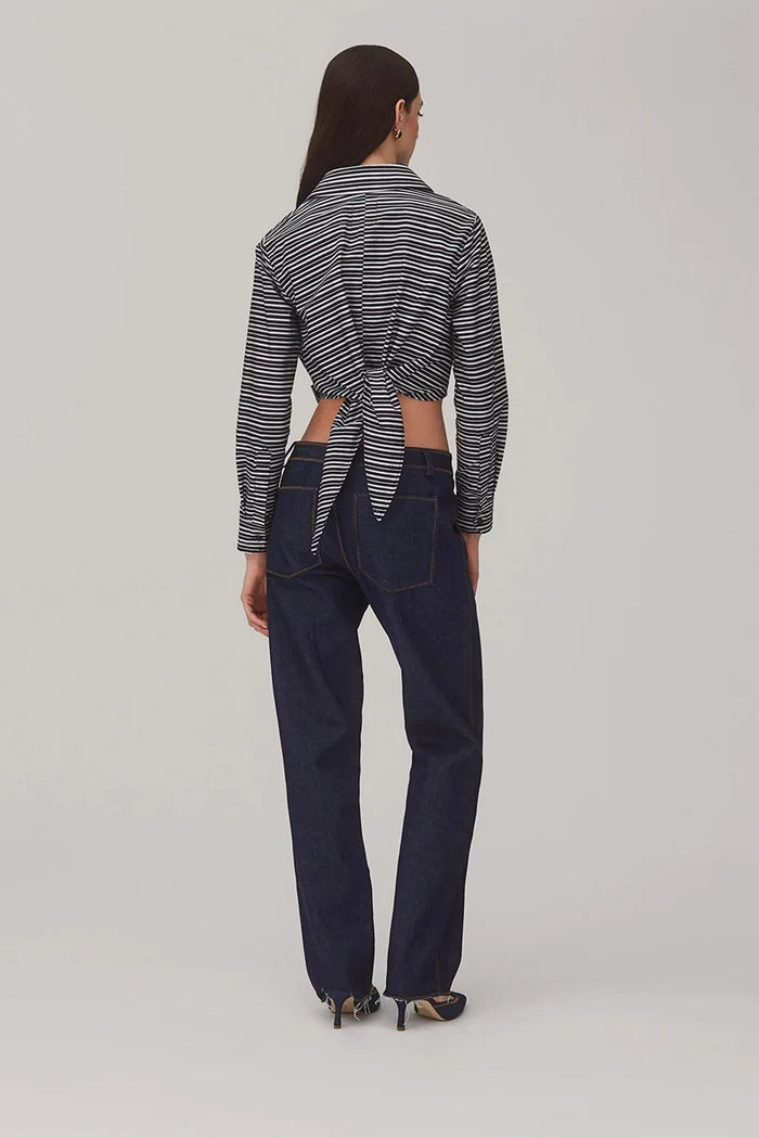Rose Wrap Top In Black and White Striped Cotton Clothing Larroudé x Jonathan Cohen