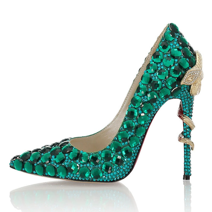 Green diamond wedding heels adorned with sparkling jewels and elegant detailing for the perfect bridal look