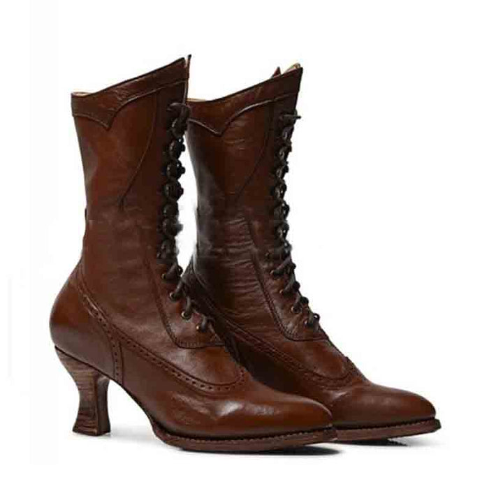 Stylish women's lace up bridal boots in brown leather with a chic heel for elegant wedding footwear