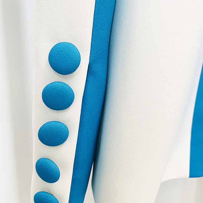 Women Blue and White Colour Pantsuit- Blocked Fitted Blazer + Mid-High Rise Slim Fit Flare Trousers Suit Pantsuit Office Wear