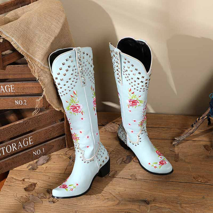 Women Floral Fantasy Cowgirl Embroidery Boots