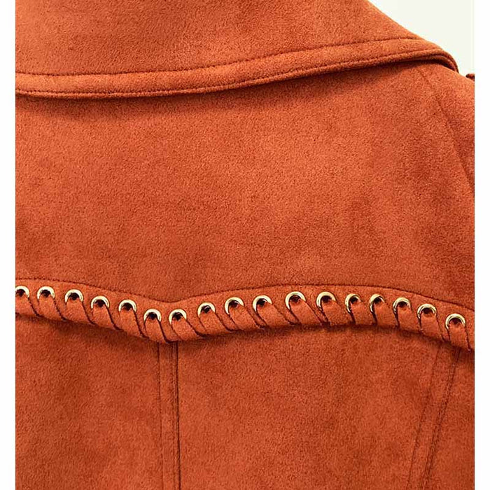 Women Fringed Suede Asymmetric Zip Biker Jacket X-Zip Fitted Rust Coat