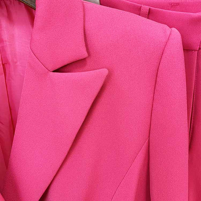 Women Hot Pink Double Breasts Blazer + Mid-High Rise Flare Trousers Suit Pantsuit Formal Suit