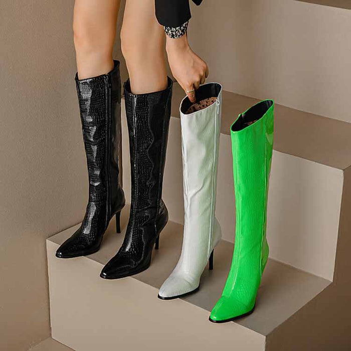 Women Knee High Zip Up Heeled Faux Leather Boots Big Size