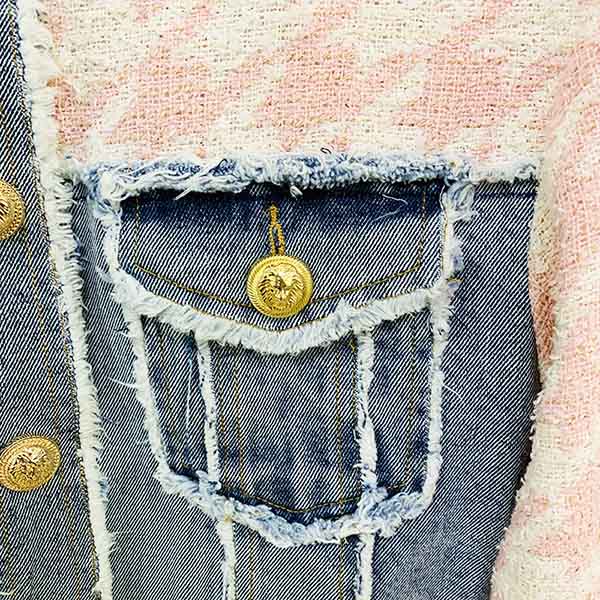 Women Luxury Denim Pink Houndstooth Tweed Jacket Coat Top + Mini Skirt 2 Piece Suit
