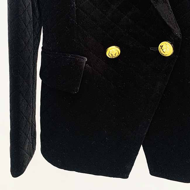 Women Luxury Golden Lion Buttons Velvet Quilted Jacket Fitted Blazer
