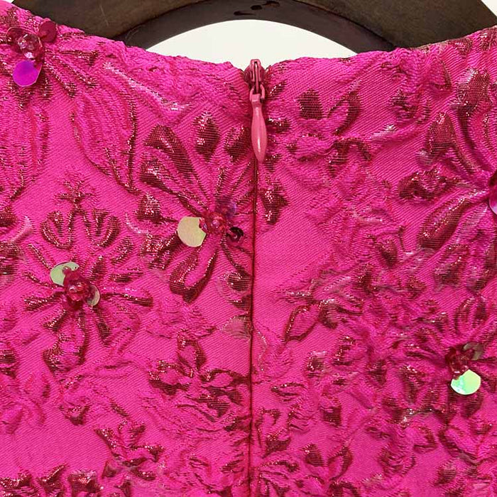 Women Luxury Hand Made 3D Flowers Embroidery Short Mini Dress Hot Pink