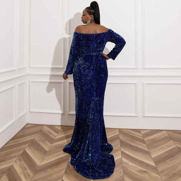 Women Plus Size Sequin Navy Blue Maxi Dress with Sleeves Evening Gowns