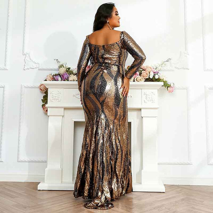 Women Plus Size Tulle Mermaid Sequin Long Sleeve Evening Dress Formal Prom Gowns