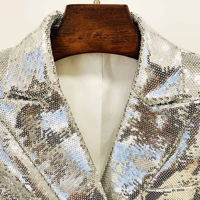 Women Sequin Silver V-Neck Long Sleeve Skirt Suit Clubwear Two Pieces BLING BLING Party Suits
