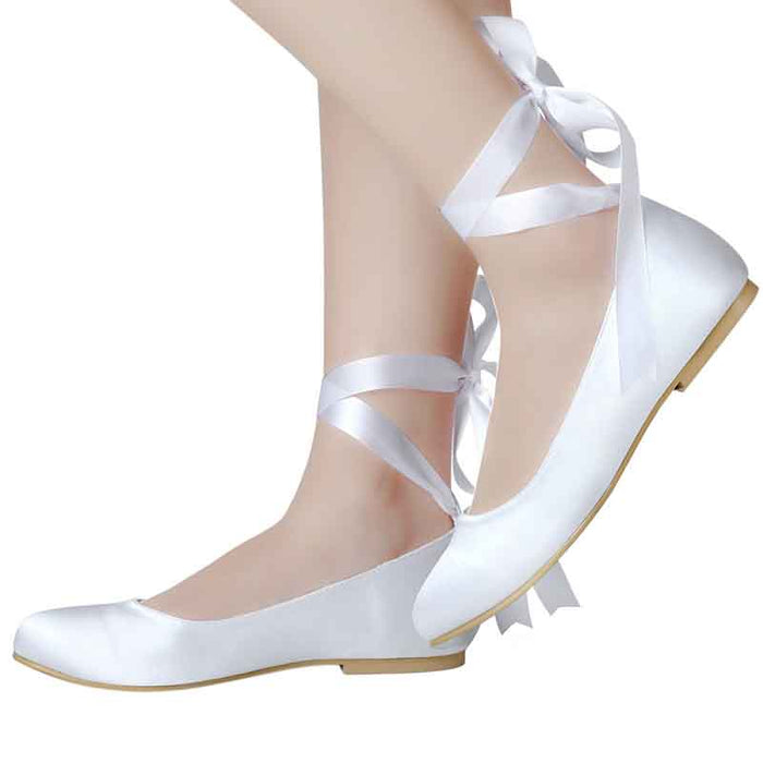 Elegant women's bridal satin flats with ribbon straps perfect for weddings and special occasions