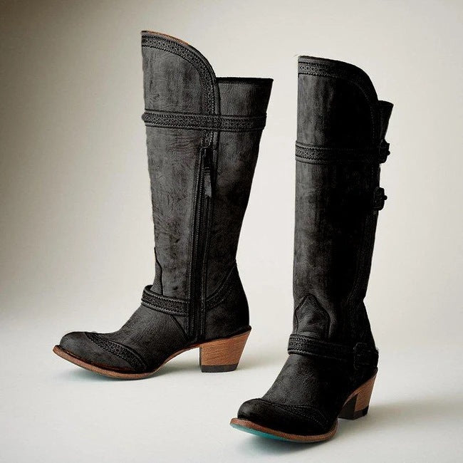 Stylish black women's country cowboy boots with a tall design and wooden heels