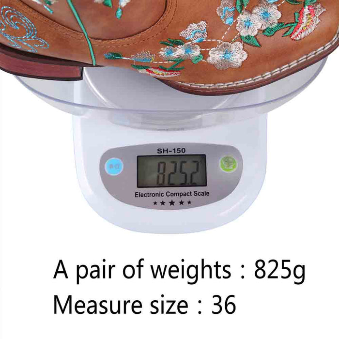 Women's embroidered cowboy boots with floral designs, weighing 825g and size 36