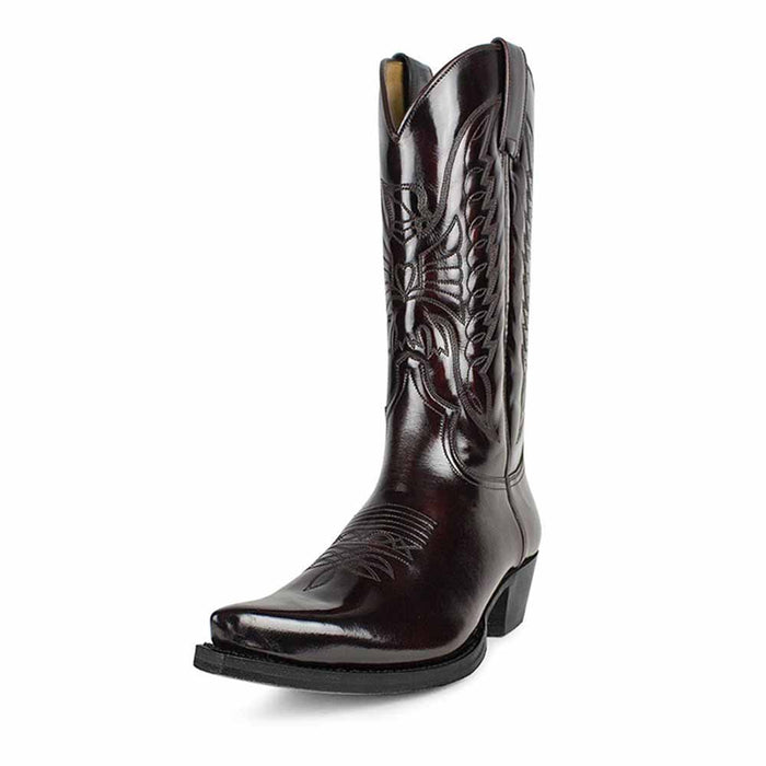 SD-HK women's embroidered western boots in dark burgundy with traditional stitching details