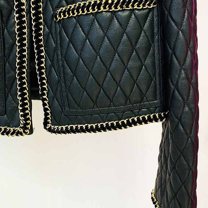 Women's Faux Leather Golden Buttons Loose Fit Jacket + Mini Skirt Suit Black Fashion Suit