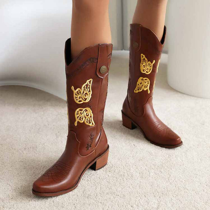 Tucomosi women's floral embroidery cowgirl boots in brown with detailed butterfly designs