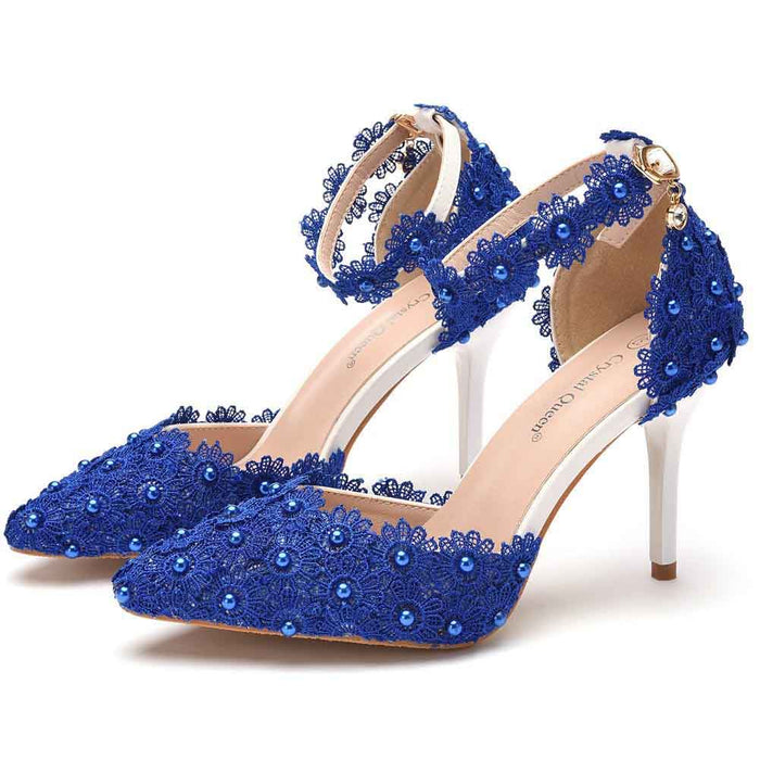 Women's floral high heel wedding shoes with lace and ankle straps in blue