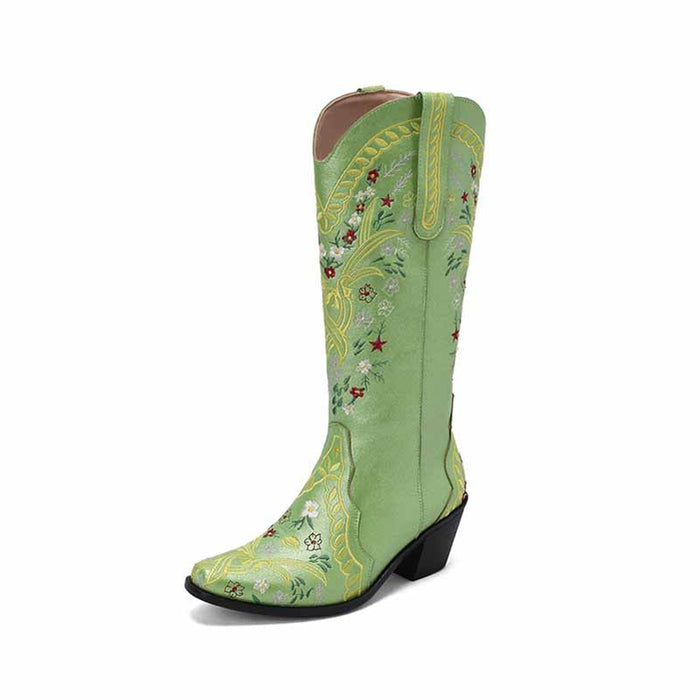 sd-hk women's knee length cowgirl boots in green with floral embroidery and angled heel