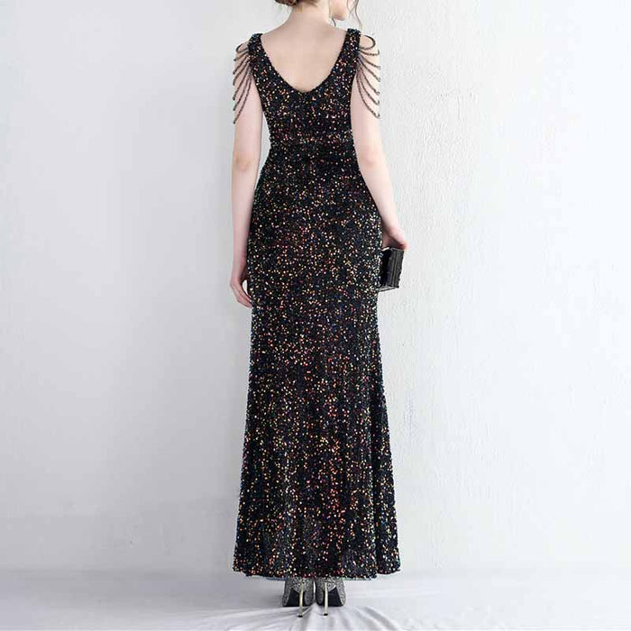 Womens Party Dress Sequins V-Neck Long Dress Formal Evening Prom Gowns S-4XL