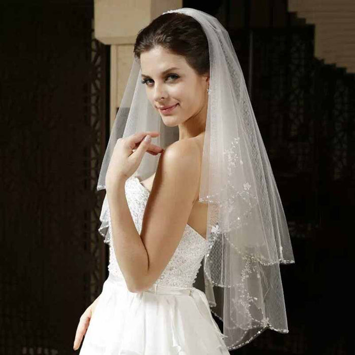 2 Tier Crystals Pearls Beaded Wedding Veil Elbow Length