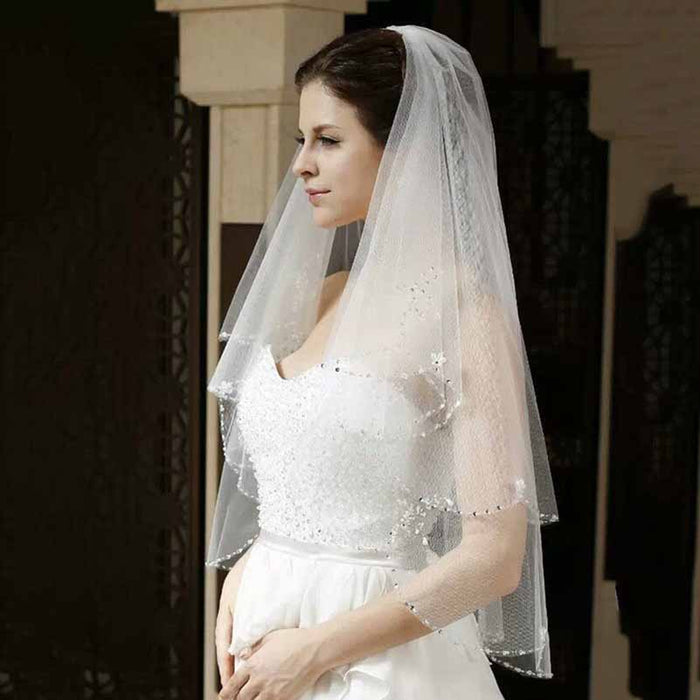 2 Tier Crystals Pearls Beaded Wedding Veil Elbow Length