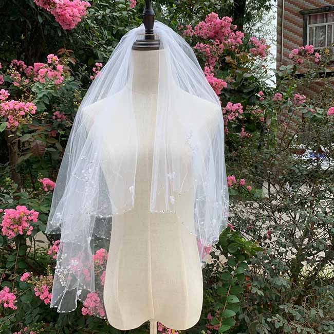 2 Tier Crystals Pearls Beaded Wedding Veil Elbow Length