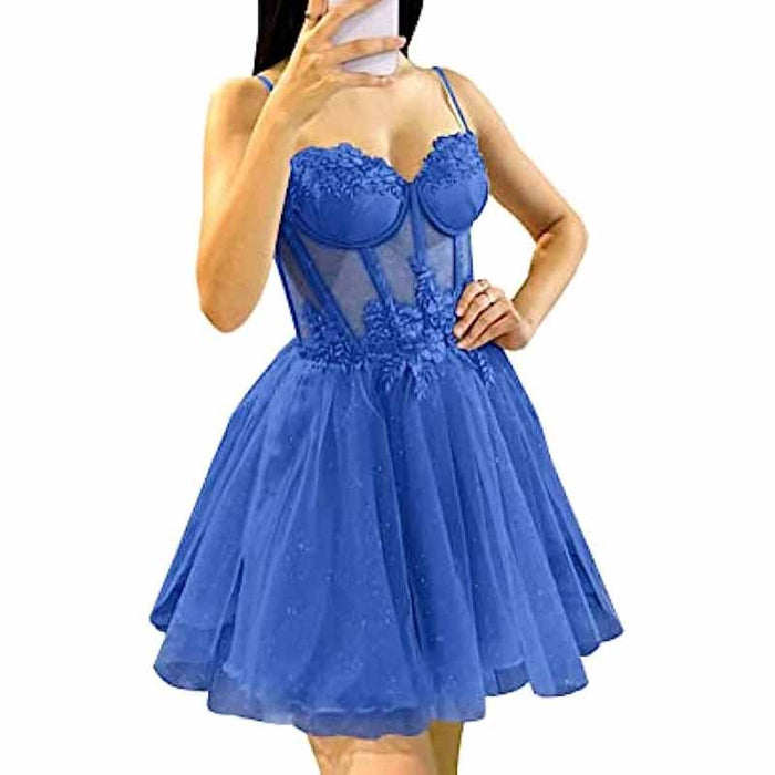 3D Flowers Glitte Tulle Homecoming Dress Spaghetti Straps Sweetheart Short Prom Dress