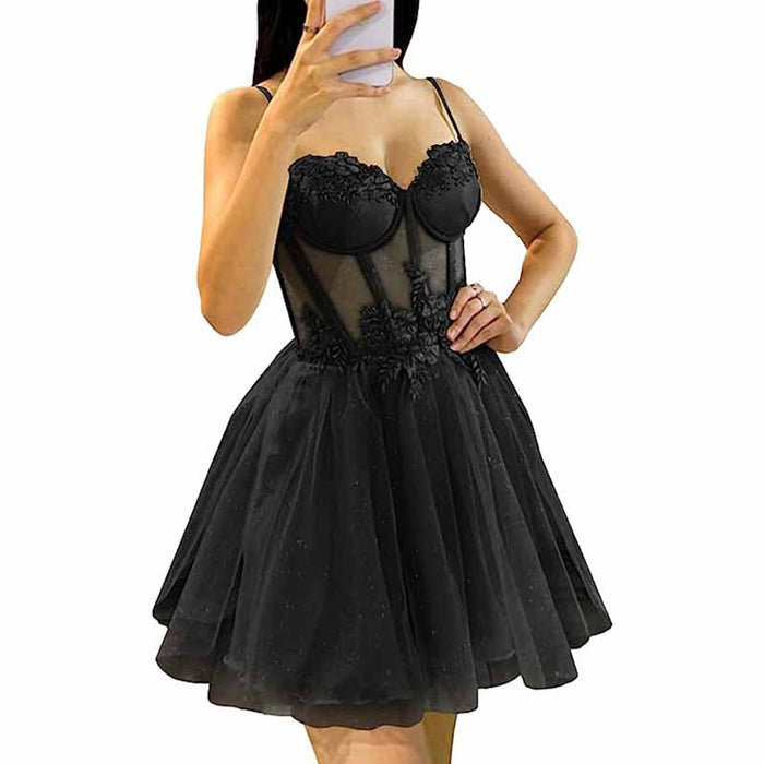 3D Flowers Glitte Tulle Homecoming Dress Spaghetti Straps Sweetheart Short Prom Dress