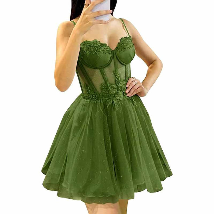 3D Flowers Glitte Tulle Homecoming Dress Spaghetti Straps Sweetheart Short Prom Dress