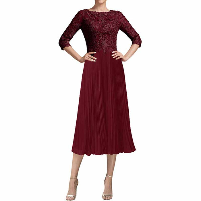 A-line Scoop Tea-Length Chiffon Lace Mother of the Bride Dress
