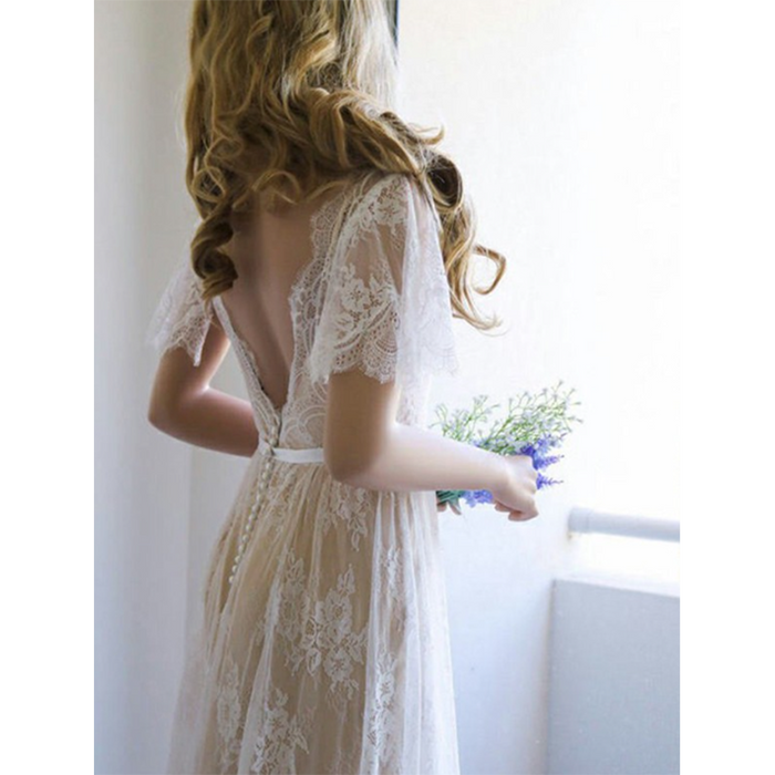 A-Line/Princess Lace Sash/Ribbon V-neck Short Sleeves Sweep/Brush Train Wedding Dresses