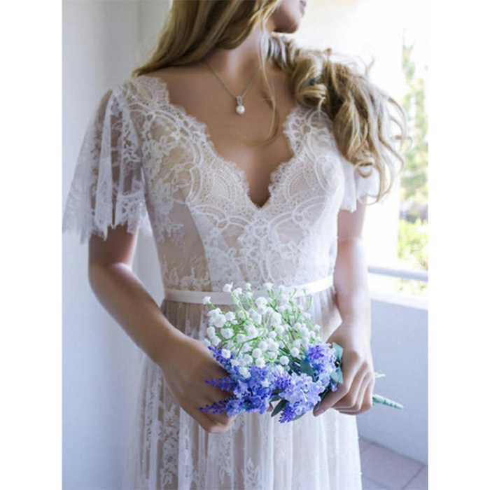 A-Line/Princess Lace Sash/Ribbon V-neck Short Sleeves Sweep/Brush Train Wedding Dresses