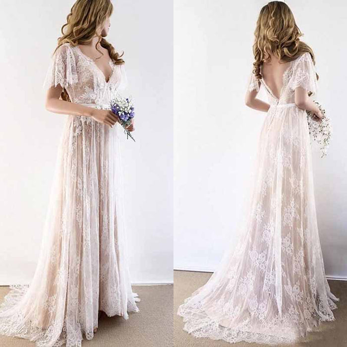 A-Line/Princess Lace Sash/Ribbon V-neck Short Sleeves Sweep/Brush Train Wedding Dresses