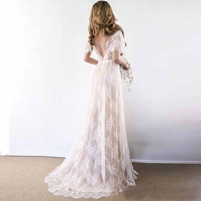 A-Line/Princess Lace Sash/Ribbon V-neck Short Sleeves Sweep/Brush Train Wedding Dresses