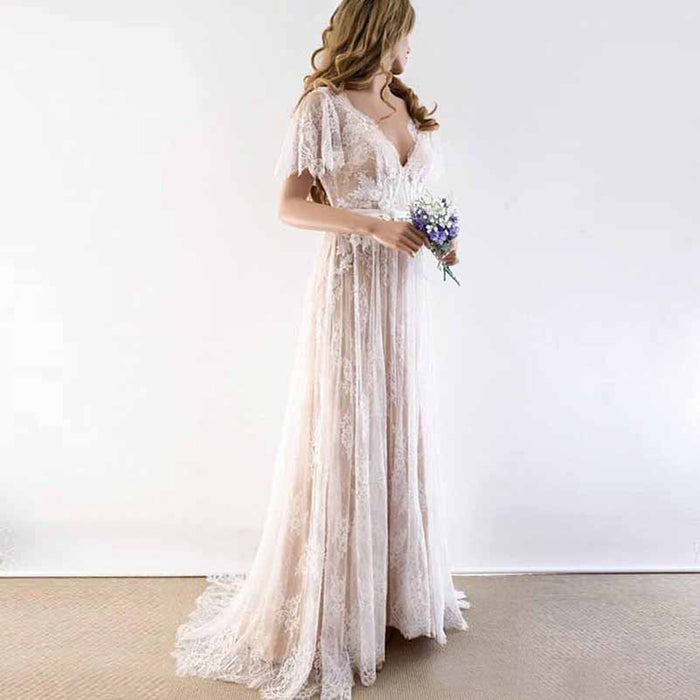 A-Line/Princess Lace Sash/Ribbon V-neck Short Sleeves Sweep/Brush Train Wedding Dresses