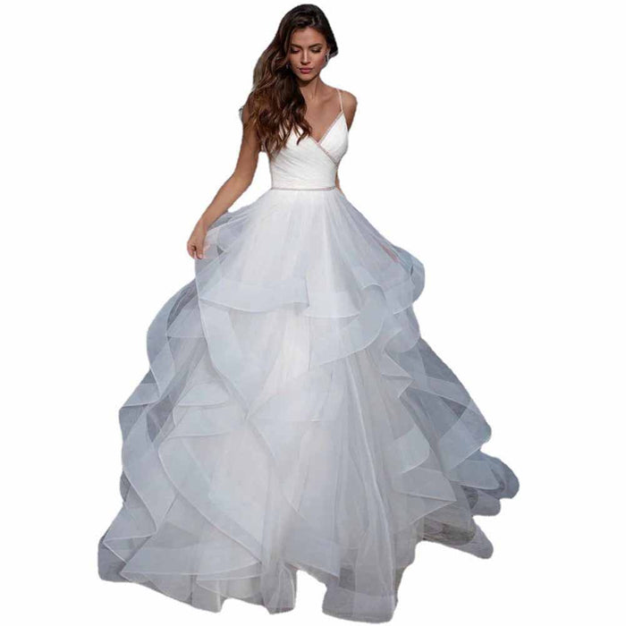 A-Line/Princess Tulle Lace V-neck Sleeveless Sweep/Brush Train Wedding Dresses