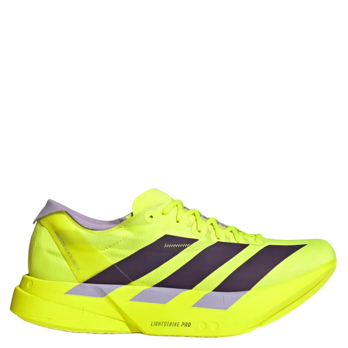 adidas Women's Adios Pro 4 Running Shoes in Solar Yellow/Aurora Plum/Powder Plum, side view